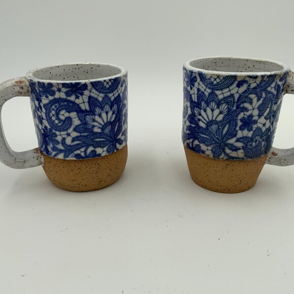 (2) Handcrafted Blue and White Floral Transferware White Speckled Coffee Mugs - Picture 13 of 13